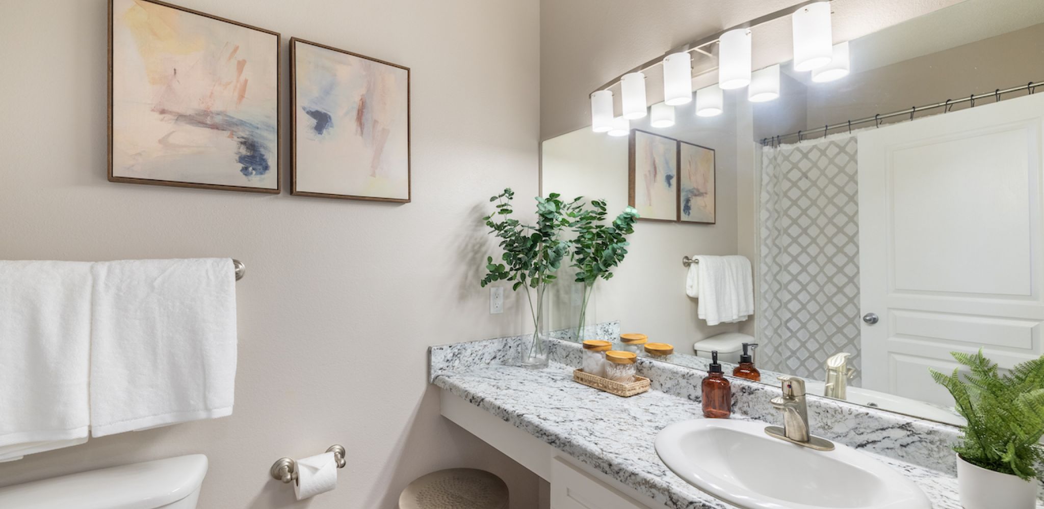 Hawthorne at Lake Heather modern bathroom featuring a granite countertop with a sink, elegant lighting, decorative art, and thoughtful accents like plants and neatly arranged toiletries.